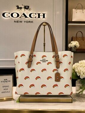 Coach Mollie 25 Tote Cream Leather with Rainbow Print and Tan Straps Crossbody